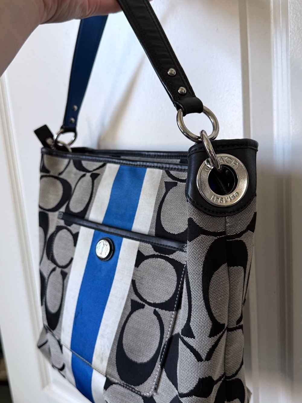 Coach Grey Monogram Shoulder Bag with Blue Stripe and Black Trim